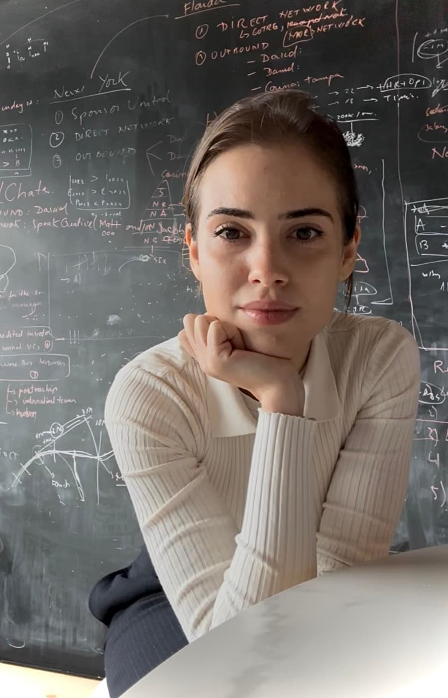 Maria at a table in front of a chalkboard covered in go-to-market notes